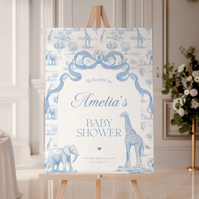 Blue Toile Baby Shower Welcome Sign Chinoiserie Boy Baby Shower Welcome Sign Editable Template Canva Welcome Sign Toile Baby Shower Decor image 4