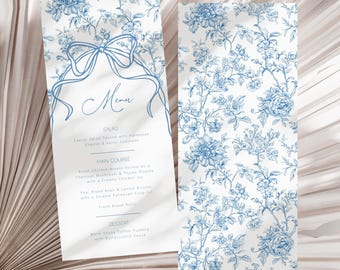 Baby in Bloom Menu Template Dusty Blue Toile Lunch Menu Blue Bow Brunch Menu Card Editable Template Floral Menu Template Baby Boy Shower