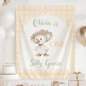 Yellow Spring Birthday Backdrop One Silly Goose Banner Girl 1st Birthday Goose Backdrop Personalized Goose Sign Silly Goose Party Decoration