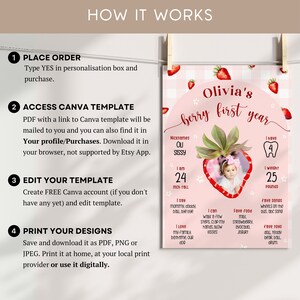 May include: A pink and white strawberry-themed first birthday milestone poster with the text "Olivia's berry first year." The poster includes a photo, measurements, and favorite things. The child is 24 inches tall and weighs 25 pounds.