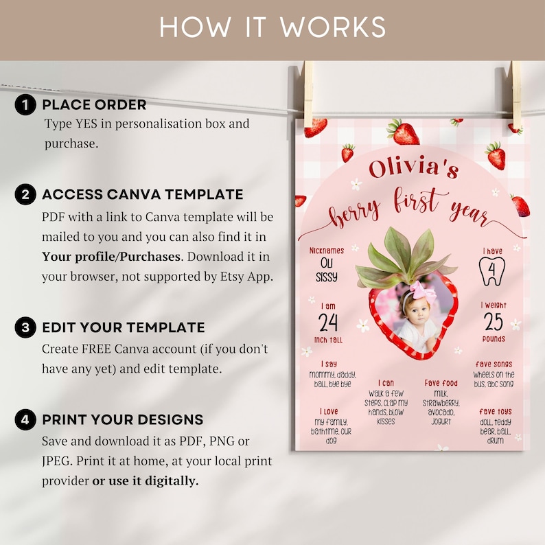 May include: A pink and white strawberry-themed first birthday milestone poster with the text "Olivia's berry first year." The poster includes a photo, measurements, and favorite things. The child is 24 inches tall and weighs 25 pounds.