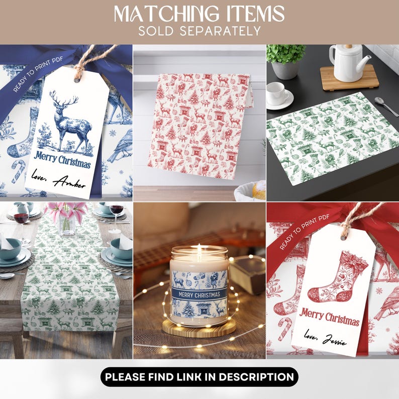 Puede incluir: Una colecci&oacute;n de art&iacute;culos navide&ntilde;os que incluye etiquetas de regalo con ilustraciones de ciervos y calcetines, una toalla con estampado rojo y blanco, un mantel individual verde y blanco, un camino de mesa y una vela con etiqueta navide&ntilde;a.