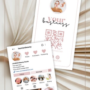May include: Instagram business card template for a beauty studio. The card features a pink and white color scheme with a QR code and the text "Your business". The card also includes a link to the studio's website and social media pages.