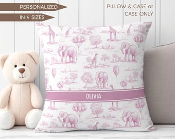 Pink Safari Nursery Decor Pink Toile Pillow Baby Shower Gift Baby Girl Room Decor Toile Animal Throw Pillow Case Baby Girl Newborn Gift