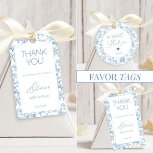 Blue Toile Floral Favor Tag Dusty Baby Sprinkle Circle Favor Tag Editable Template Rectangle Chinoiserie Favor Tag Printable Party Gift Tag