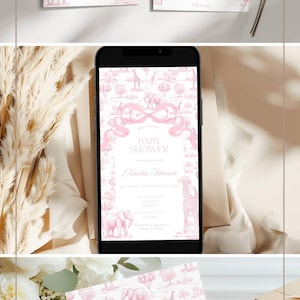Baby Girl Shower Invitation Template Luxury Dior Style Blush Pink Digital Invitation Pink Toile Safari Invite DIY Canva Template Baby Shower image 8