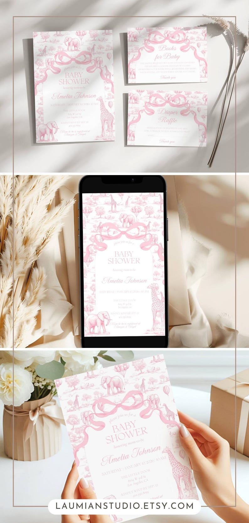 Baby Girl Shower Invitation Template Luxury Dior Style Blush Pink Digital Invitation Pink Toile Safari Invite DIY Canva Template Baby Shower image 8