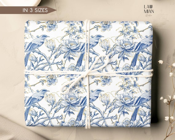 Elegant Chinoiserie Wrapping Paper Luxury Blue Gold Chinoiserie Gift Wrap Wedding Something Blue Present Wrap Paper Roll Luxury Wedding Wrap
