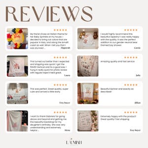 May include: A collection of eight customer reviews displayed in a grid format, each featuring a five-star rating, a photograph of a decorative fabric backdrop used for events, and a short written testimonial from a verified buyer.