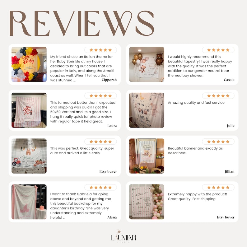 May include: A collection of eight customer reviews displayed in a grid format, each featuring a five-star rating, a photograph of a decorative fabric backdrop used for events, and a short written testimonial from a verified buyer.