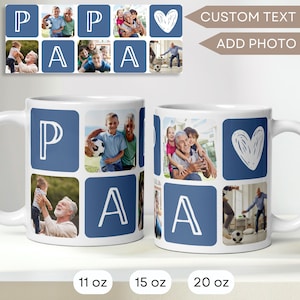 May include: White ceramic mug with a blue and white design. The mug features a photo collage of a father and his children. The mug says "Papa" in a blue square with white letters. The mug is available in 11, 15, and 20 ounce sizes.