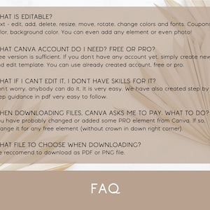 May include: A beige and brown background with a white text box containing a frequently asked questions (FAQ) section about editing a Canva template. The text includes questions about what is editable, what Canva account is needed, what to do if you can't edit the template, and what file to choose when downloading.