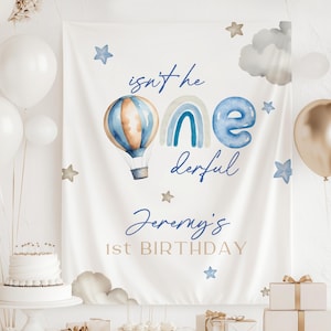 Onederful First Birthday Backdrop Hot Air Balloon Birthday Party Banner 1st Birthday Boy Blue Onederful Decor Custom Rainbow Onederful Sign