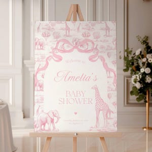 Pink Safari Toile Baby Shower Welcome Sign Animal Chinoiserie Baby Girl Welcome Board Editable Template Canva