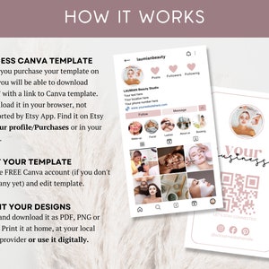 May include: A pink and white printable business card template for a beauty salon. The card features a QR code, social media icons, and the text "Let's Stay Connected".