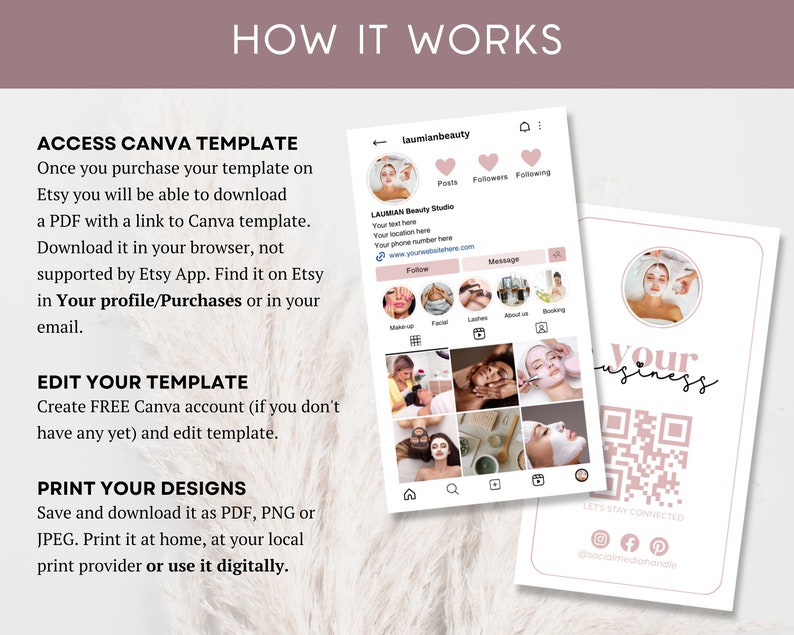 May include: A pink and white printable business card template for a beauty salon. The card features a QR code, social media icons, and the text "Let's Stay Connected".