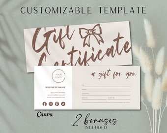 May include: A customizable gift certificate template with a pink background and brown text. The text says "Gift Certificate" with a bow drawn above it. The template includes fields for the business name, social media handles, website, to, from, amount, expiry, and cert ID. The text "Canva" is at the bottom of the template. The text "2 bonuses included" is below the template.
