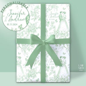 Personalized Wedding Wrapping Paper Toile Sage Green Gift Wrap Mr and Mrs Name Wrapping Paper Roll Wedding Date Gift Wrap Chinoiserie Floral