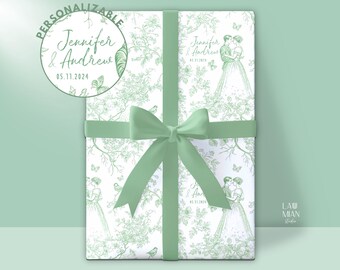 Personalized Wedding Wrapping Paper Toile Sage Green Gift Wrap Mr and Mrs Name Wrapping Paper Roll Wedding Date Gift Wrap Chinoiserie Floral