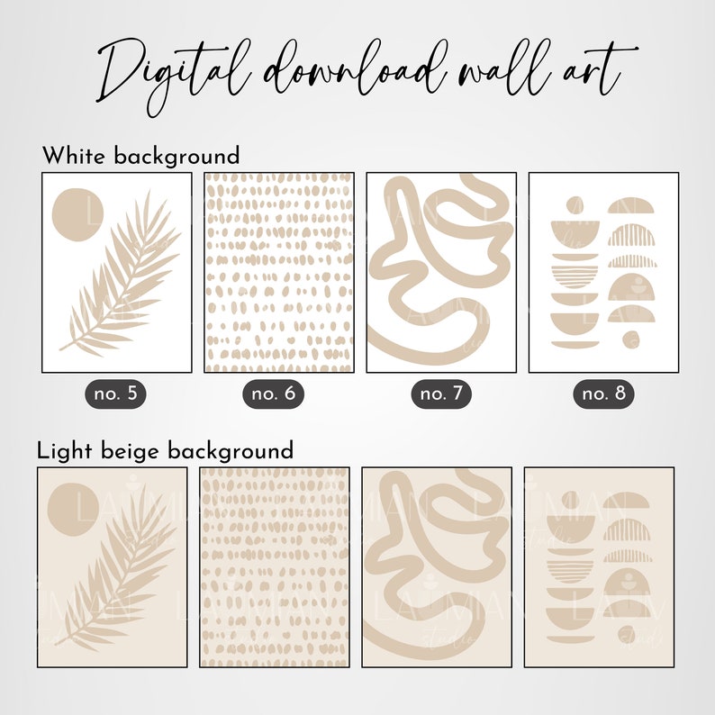 May include: Set of eight digital printable wall art prints in a minimalist style. The prints feature abstract shapes, patterns, and a palm leaf design. The prints are available in two color palettes: white background and light beige background.