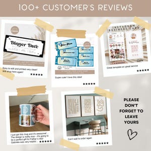 Pode incluir: Uma colagem de avalia&ccedil;&otilde;es de clientes com v&aacute;rios produtos. Inclui um cupom de jantar, cupons de presente azuis, um modelo de cart&atilde;o de visita do Instagram, uma caneca personalizada e arte de parede abstrata. O texto diz "100+ Avalia&ccedil;&otilde;es de Clientes."