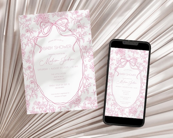 Pink Bow Invitation Template Pink Baby Girl Shower Evite Luxury Dior Style Blush Pink Digital Invite Pink Toile Floral Invitation DIY Canva