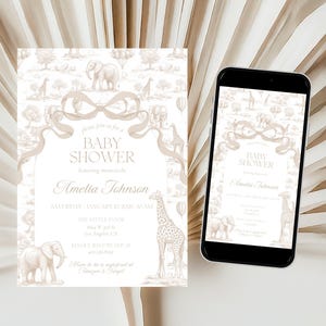 Beige Toile Safari Baby Shower Invitation Elegant Evite Editable Canva Template