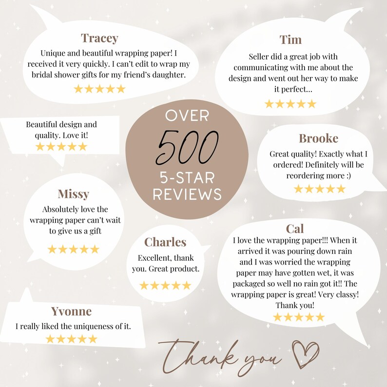Puede incluir: Un gr&aacute;fico que muestra el texto OVER 500 5-STAR REVIEWS en un c&iacute;rculo marr&oacute;n central, rodeado por ocho burbujas de di&aacute;logo blancas con testimonios de clientes y valoraciones de cinco estrellas. Incluye el texto Thank you y un coraz&oacute;n.