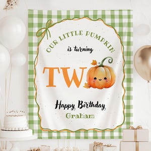 Pumpkin is Two Banner Fall Birthday Party Decor Autumn 2nd Birthday Backdrop Little Pumpkin is Turning Two Fabric Sign Second Birthday Decor