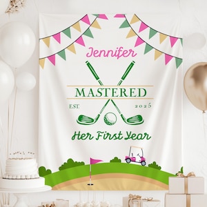 Pink Golf First Birthday Banner Baby Girl 1st Birthday Golf Photo Banner Custom Pink Masters Birthday Backdrop Girl First Birthday Golf Sign