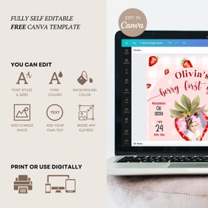 May include: A laptop displays a pink and white strawberry-themed design for a baby's first birthday. The design includes text that reads "Olivia's berry first" and "I am 24 inch tall." The image also shows editing options.