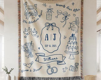 Personalized Wedding Woven Blanket Custom Just Married Retro Woven Throw Blanket Couples Blanket with Names Wedding Gift Bridal Shower Gift