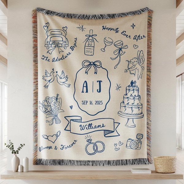 Personalized Wedding Woven Blanket Custom Just Married Retro Woven Throw Blanket Couples Blanket with Names Wedding Gift Bridal Shower Gift