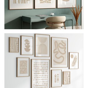 May include: A collection of nine framed abstract art prints with beige and brown geometric shapes on a white background. The prints are arranged in a grid pattern on a white wall. The text "LAUMIAN studio" is printed below the prints.