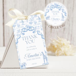 Blue Toile Safari Favor Tag Baby Shower Circle Favor Tag Editable Template Rectangle Chinoiserie Favor Tag Printable Shower Party Gift Tag