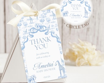Blue Toile Safari Favor Tag Baby Shower Circle Favor Tag Editable Template Rectangle Chinoiserie Favor Tag Printable Shower Party Gift Tag