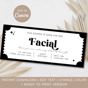 Facial Gift Coupon Girls Day Birthday Certificate Editable Template 21st Birthday Gift Last Minute Gift Idea for Daughter Facial Voucher