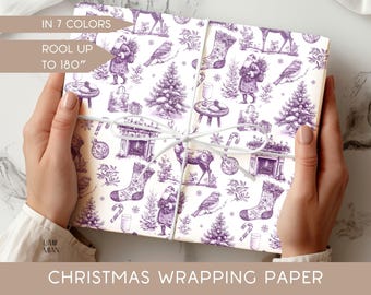 May include: White wrapping paper featuring a repeating purple ink illustration of Christmas themes including Santa Claus, reindeer, pine trees, stockings, birds, fireplaces, and candy canes. The paper is tied with white string.