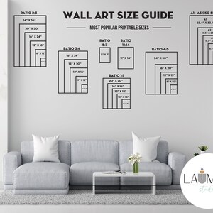 May include: A guide to wall art sizes with different ratios and measurements in inches. The guide includes popular printable sizes for art prints, such as 24x34 inches, 20x30 inches, 16x24 inches, 12x16 inches, 10x14 inches, 8x10 inches, 12x18 inches, 6x10 inches, 15x20 inches, 9x12 inches, 11x14 inches, 8x12 inches, 9x12 inches, 12x16 inches, 16x20 inches, 12x12 inches, 10x10 inches, 20x20 inches, 16x16 inches, 12x12 inches, 10x10 inches, 24x30 inches, 18x20 inches, 12x18 inches, 8x10 inches, 34x50 inches, 23.4x33.1 inches, 16.5x23.4 inches, 11.7x16.5 inches, 8.3x11.7 inches. The guide also includes a logo for Laumian Studio.