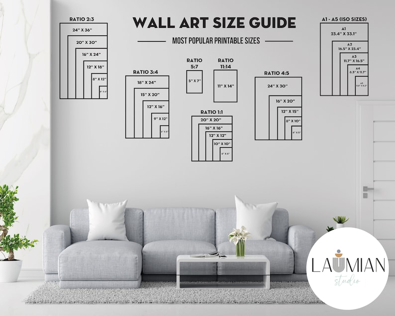 May include: A guide to wall art sizes with different ratios and measurements in inches. The guide includes popular printable sizes for art prints, such as 24x34 inches, 20x30 inches, 16x24 inches, 12x16 inches, 10x14 inches, 8x10 inches, 12x18 inches, 6x10 inches, 15x20 inches, 9x12 inches, 11x14 inches, 8x12 inches, 9x12 inches, 12x16 inches, 16x20 inches, 12x12 inches, 10x10 inches, 20x20 inches, 16x16 inches, 12x12 inches, 10x10 inches, 24x30 inches, 18x20 inches, 12x18 inches, 8x10 inches, 34x50 inches, 23.4x33.1 inches, 16.5x23.4 inches, 11.7x16.5 inches, 8.3x11.7 inches. The guide also includes a logo for Laumian Studio.