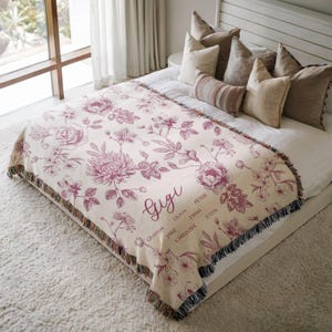 Personalized Gigi Woven Blanket Toile Floral Throw Blanket for Grandmother with Kid Names Custom Christmas Gift for Nana Birthday Blanket