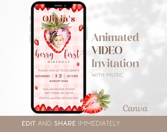 My Berry First Birthday Invitation Template Berry First Video Invite Baby Girl 1st Birthday Invitation Strawberry Mobile Video Pink Gingham