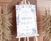 Toile Safari Baby Shower Welcome Sign, Blue Toile Decor (Canva Editable Template)