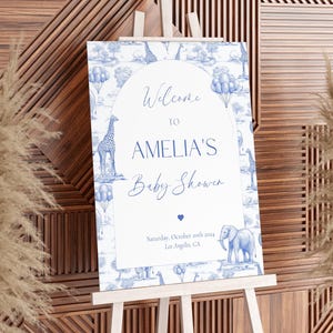Toile Safari Baby Shower Welcome Sign, Blue Toile Decor (Canva Editable Template)