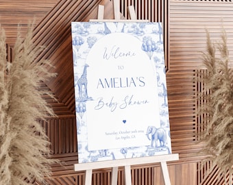 Toile Safari Baby Shower Welcome Sign, Blue Toile Decor (Canva Editable Template)
