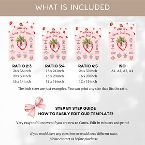 May include: A pink and white printable template with the text "Olivia's berry first year" and a strawberry design. Includes size ratios 2:3, 3:4, 4:5, and ISO sizes. The text "What is Included" and "Step by Step Guide" are also visible.