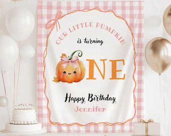 Banner Little Pumpkin is One Leuke pompoen 1e verjaardag achtergrond herfst eerste verjaardag feestdecor Custom Pink Pumpkin is Turning One bord