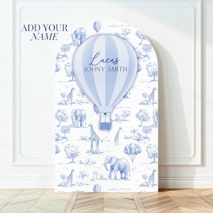 Arco de fondo para fiesta de cumpleaños de safari personalizado, decoración con globos aerostáticos, decoración para primer cumpleaños, Toile de Jouy azul, decoración para fiesta con nombre
