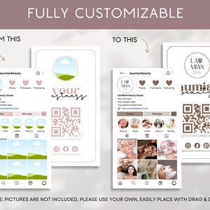 May include: A customizable Instagram template for a beauty studio. The template features a pink and brown color scheme with a QR code, social media icons, and a logo. The text "laumianbeauty" and "LAUMIAN Beauty Studio" are included in the template.