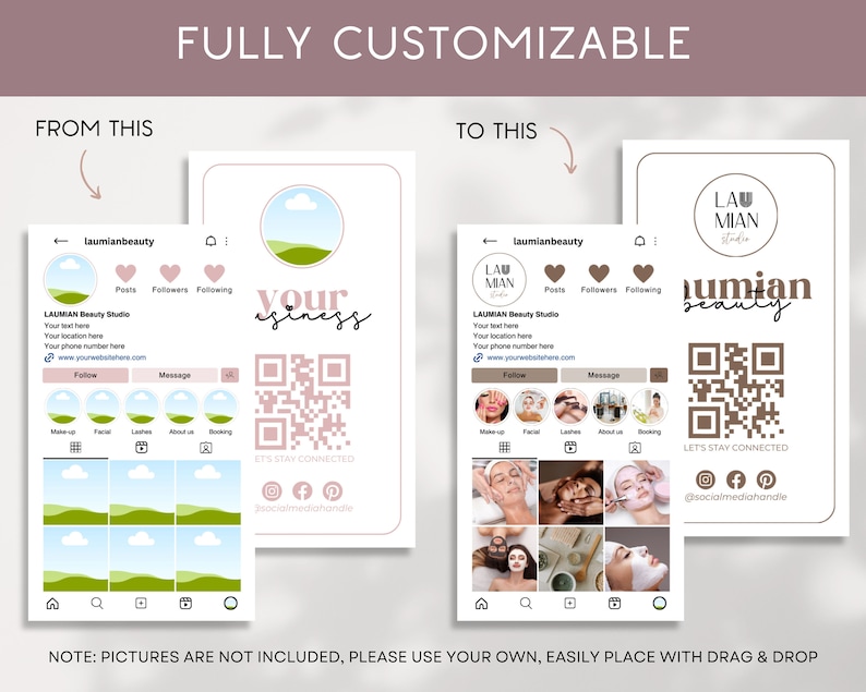 May include: A customizable Instagram template for a beauty studio. The template features a pink and brown color scheme with a QR code, social media icons, and a logo. The text "laumianbeauty" and "LAUMIAN Beauty Studio" are included in the template.